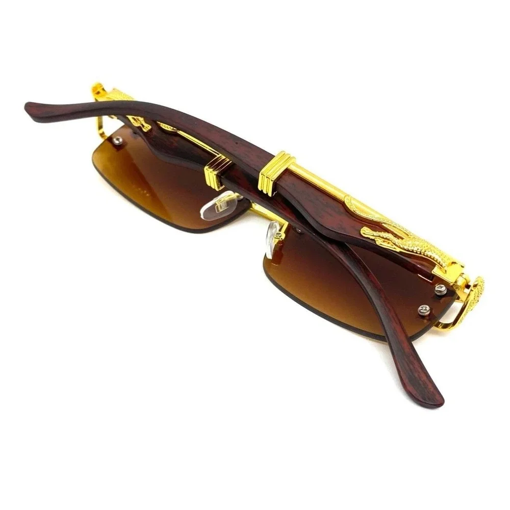 Men Rimless Rectangle Sunglasses Brown Hip Hop Streetwear Luxury UV400 Migos New